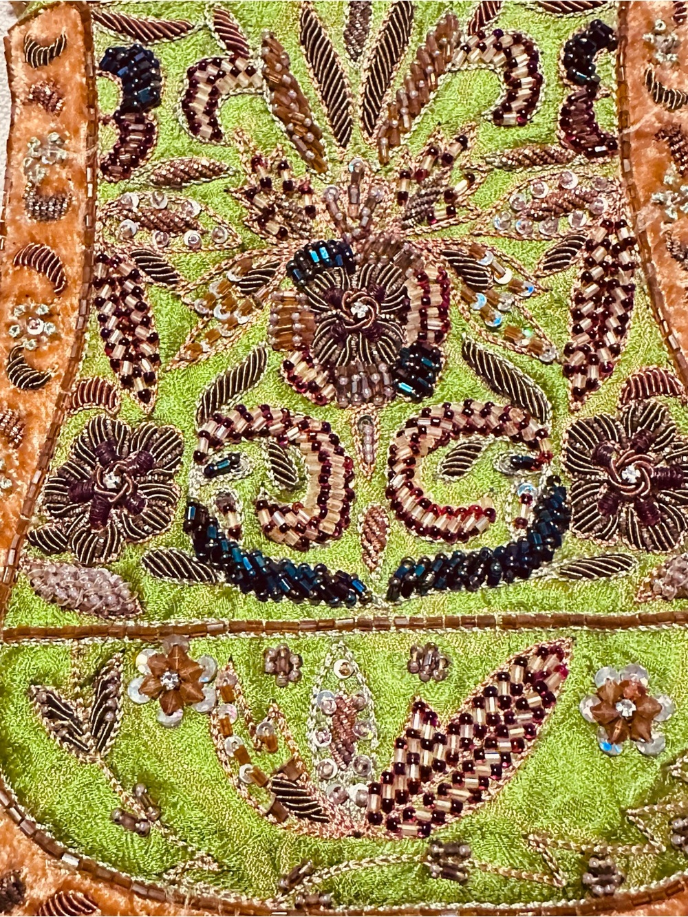 Vintage | Bag | Embroidered Green & Orange Beaded Handle Top-Handle Bag - Picture 7 of 9
